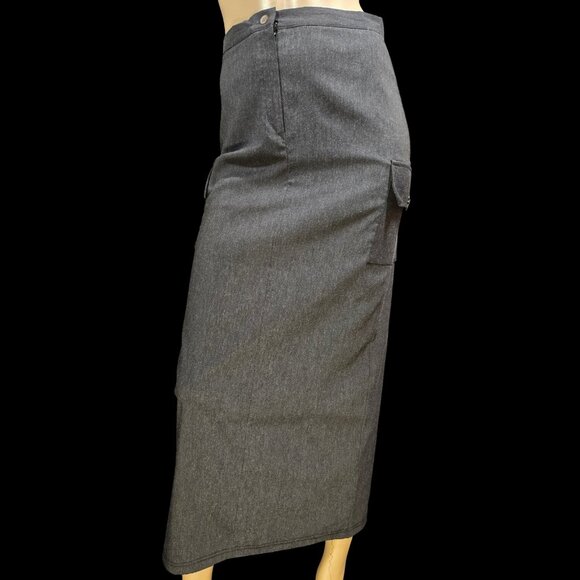 Vintage 90s Grey Maxi Pencil Skirt Cargo Pockets Office Siren Size S High Waist - Picture 2 of 8